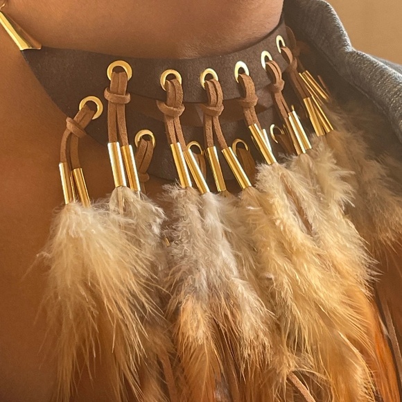 Boho Leather Full Feather Statement Necklace - Picture 2 of 5
